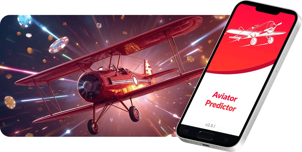Aviator Game Results Red Aviator plane flying through colorful lights next to smartphone with Aviator Predictor app