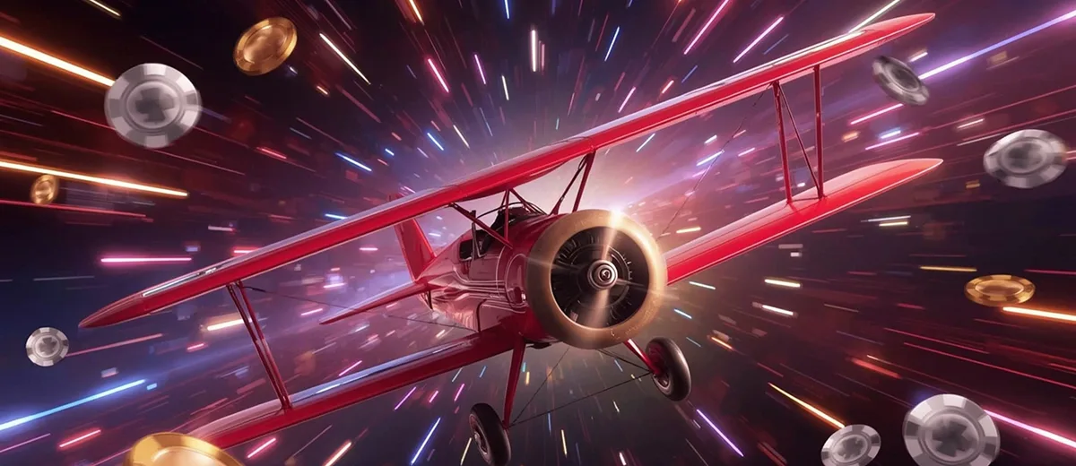 Aviator Predictor APK Red Aviator online plane flying at high speed surrounded by glowing casino chips