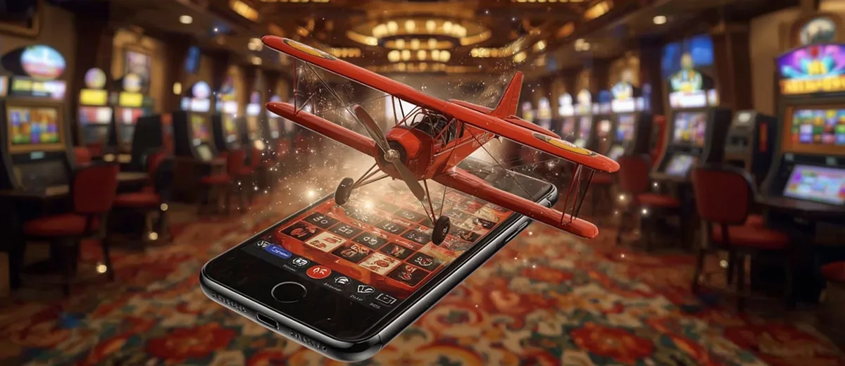 Aviator’s Algorithm Red Aviator plane flying out of smartphone screen inside luxurious casino
