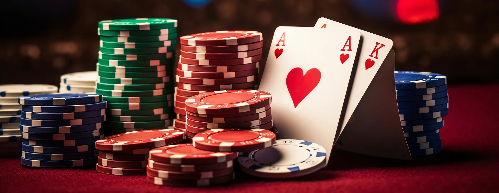 Poker chips and playing cards on red table representing best casino games to play online