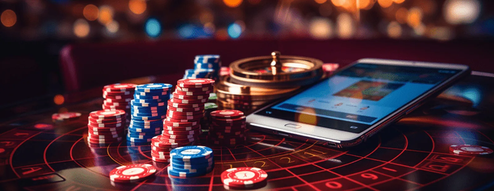 Smartphone and roulette wheel surrounded by colorful chips showing real money online casino