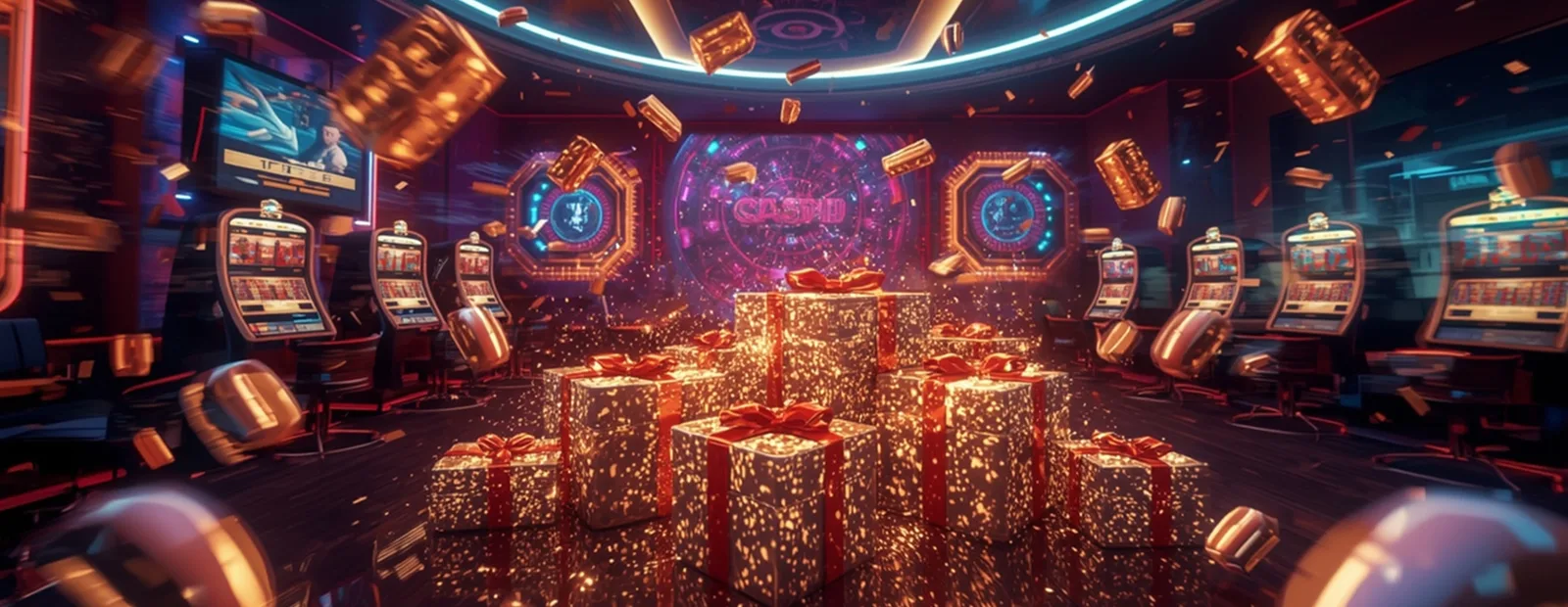 Casino Promotions Bright casino filled with golden gift boxes symbolizing exclusive promotional bonus offers