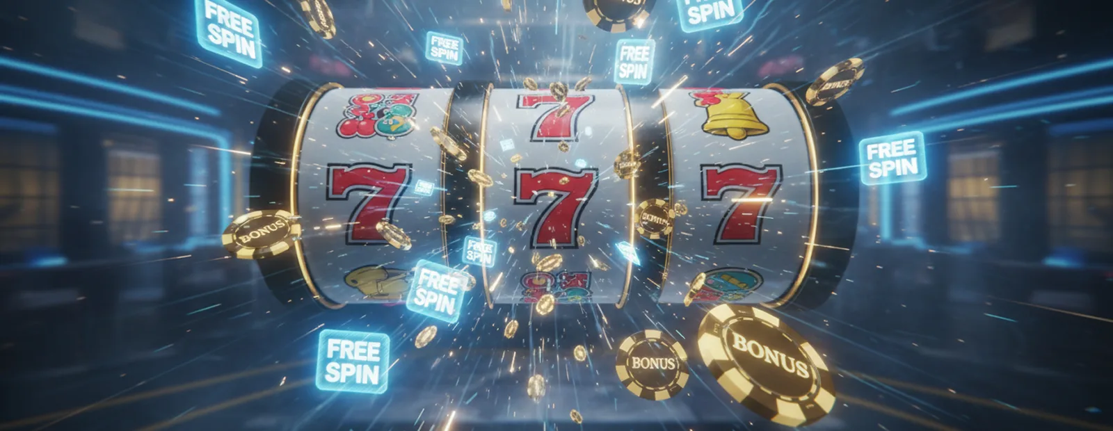 Slot machine reels with triple sevens and glowing free spin bonus icons in motion
