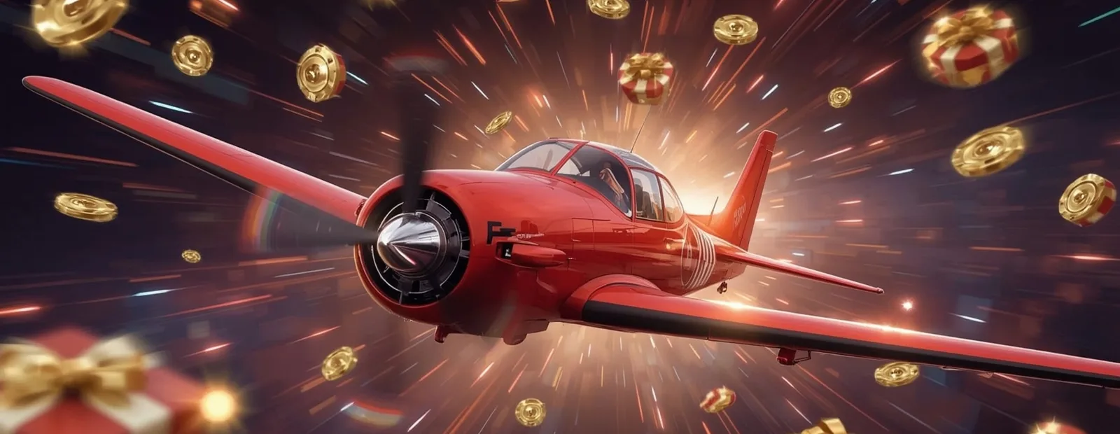 Red Aviator airplane flying through coins and gifts symbolizing crash-style casino gameplay