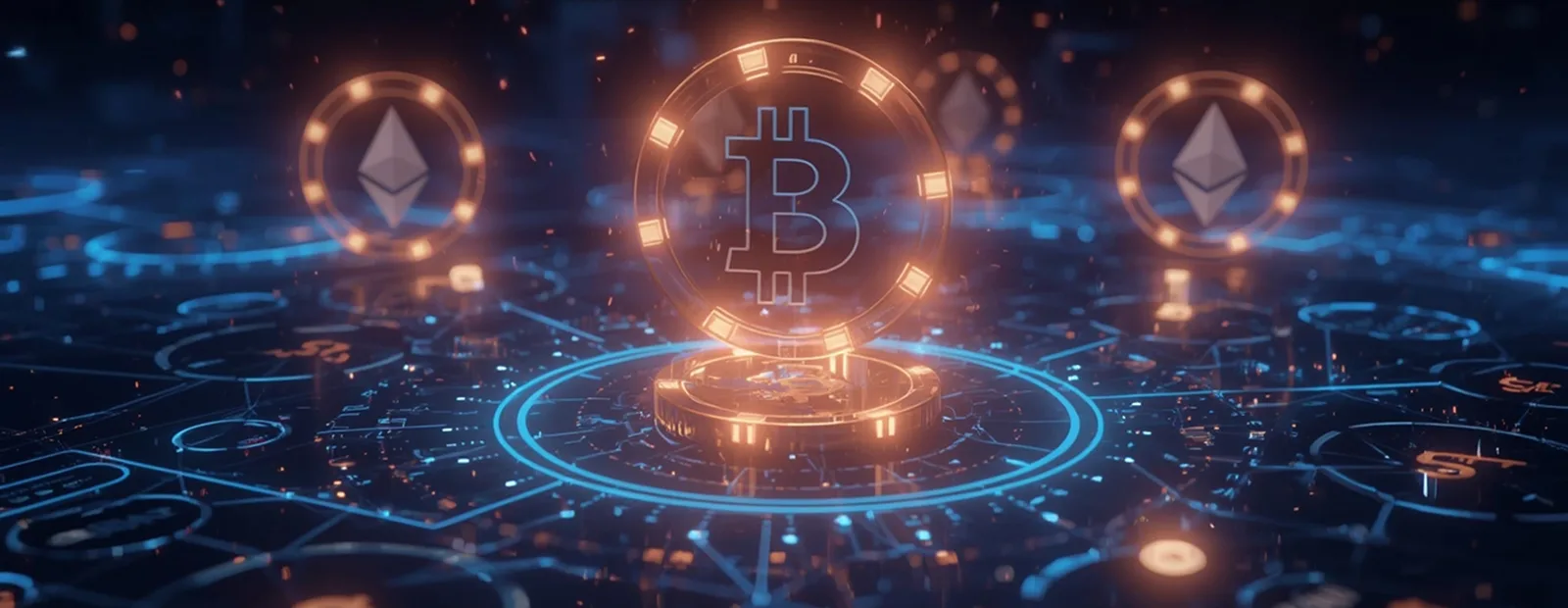 Glowing Bitcoin and Ethereum symbols over digital network