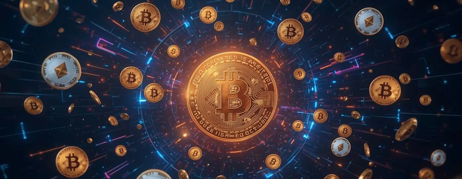 Golden Bitcoin surrounded by smaller coins representing secure blockchain payment systems