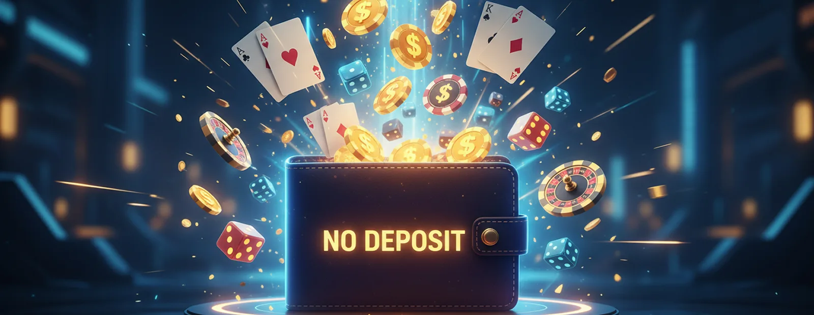 Wallet with golden coins, roulette wheels, and cards showing casino no deposit offers