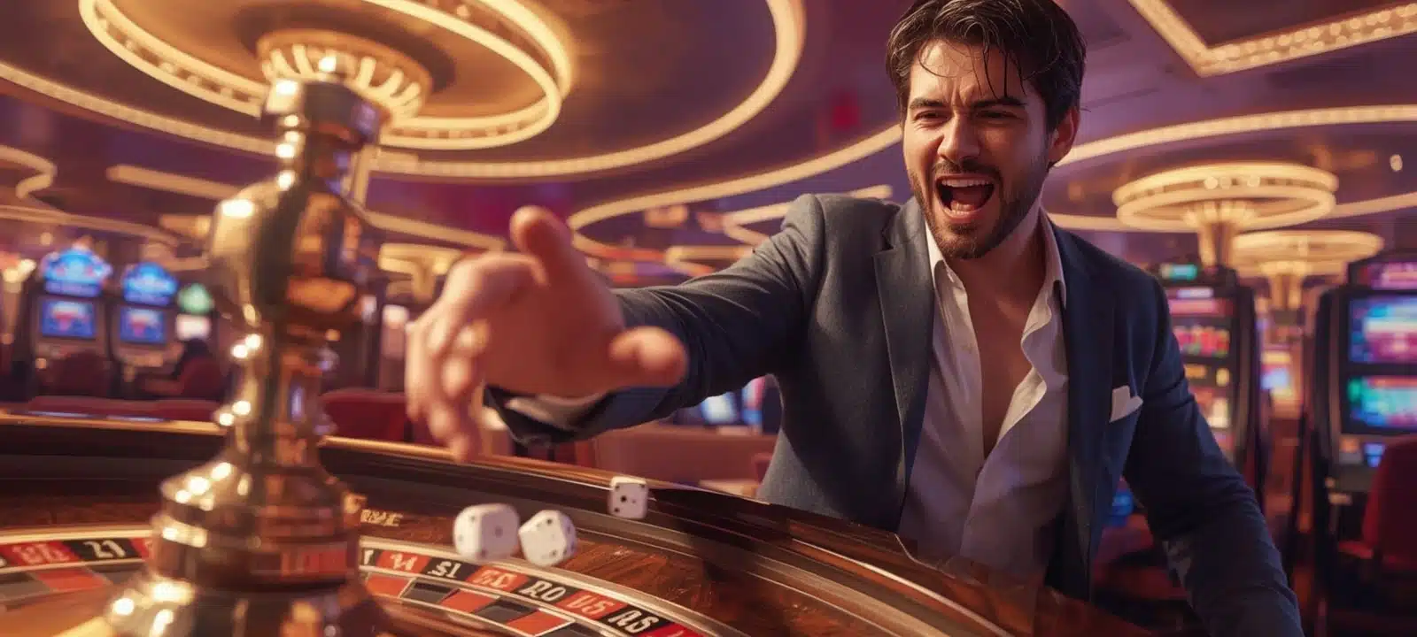 How to Play Roulette Man celebrating roulette win beside spinning wheel in vibrant casino interior
