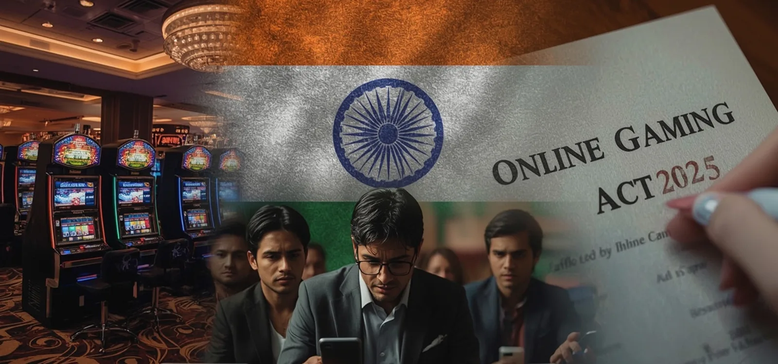 India’s New Gaming Law 25 Indian players reacting to Online Gaming Act 2025 with national flag and casino background
