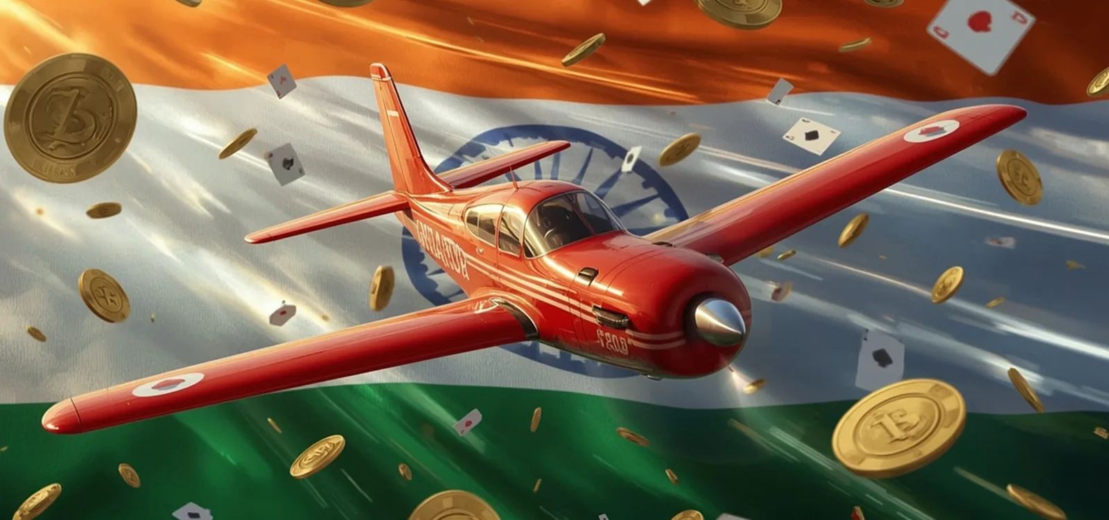 Is Aviator Legal in India Under the 2025 Law Red Aviator plane flying over Indian flag surrounded by coins and playing cards