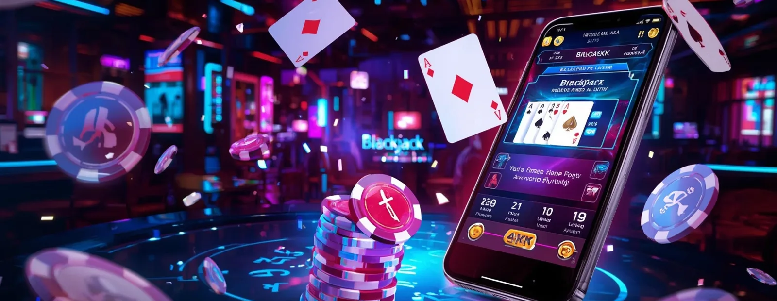 Key Differences of Virtual Casino Online casino app showing virtual blackjack game with flying cards and chips