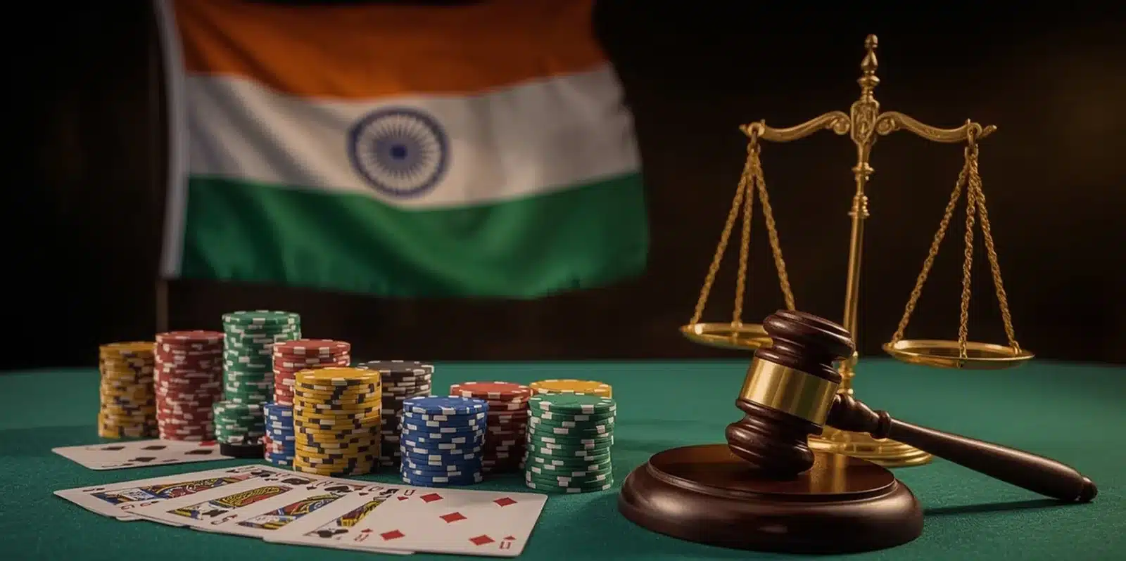 Indian flag behind judge’s gavel and poker chips representing India’s gambling regulation
