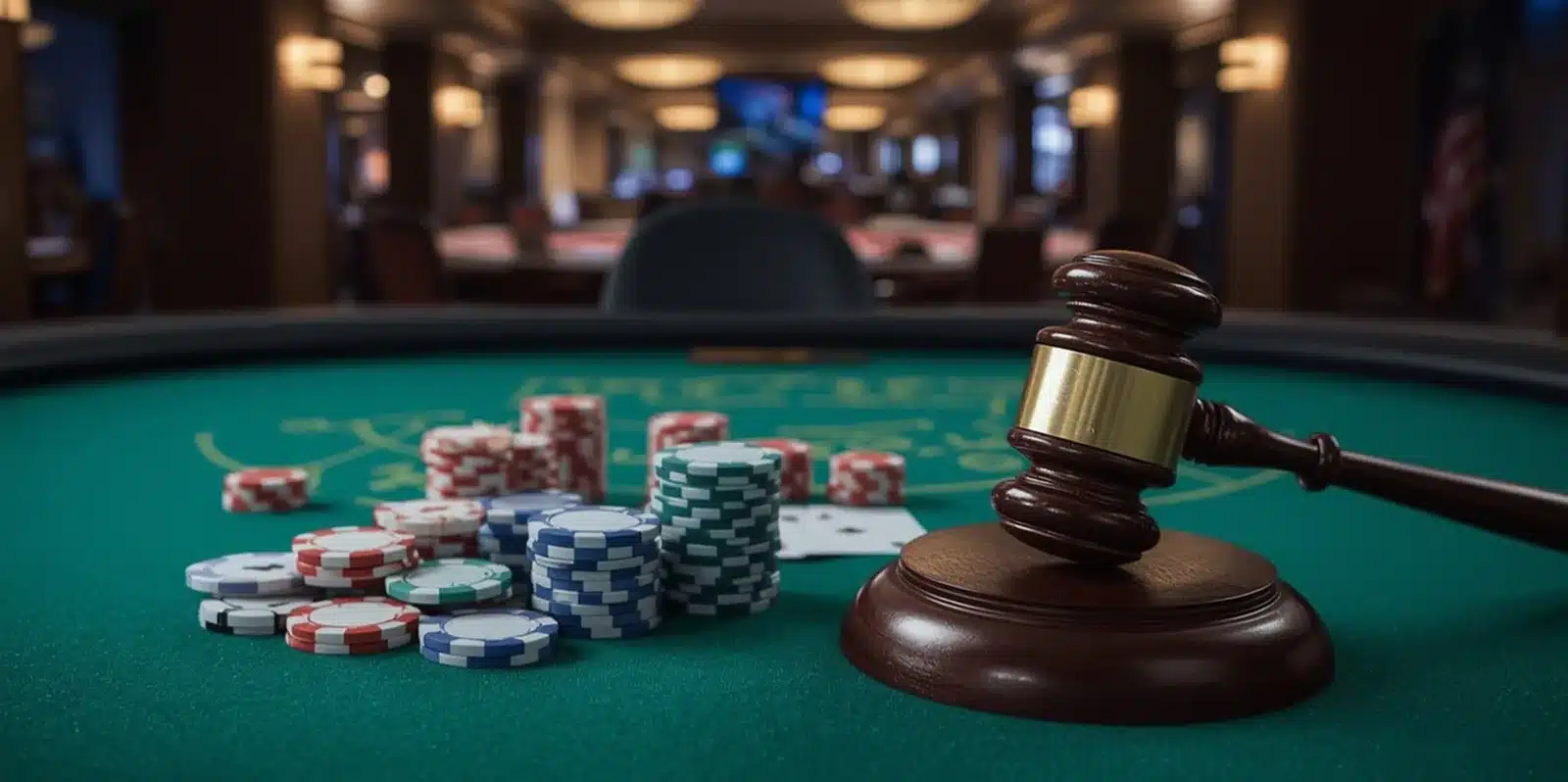 Judge’s gavel on casino table with poker chips symbolizing gambling laws