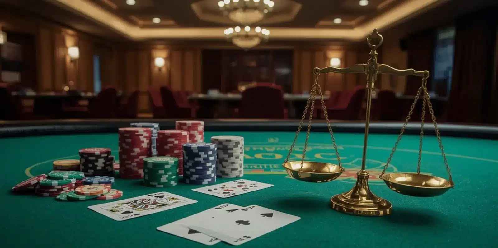 Golden justice scales and playing cards on casino table showing balance between gambling and law