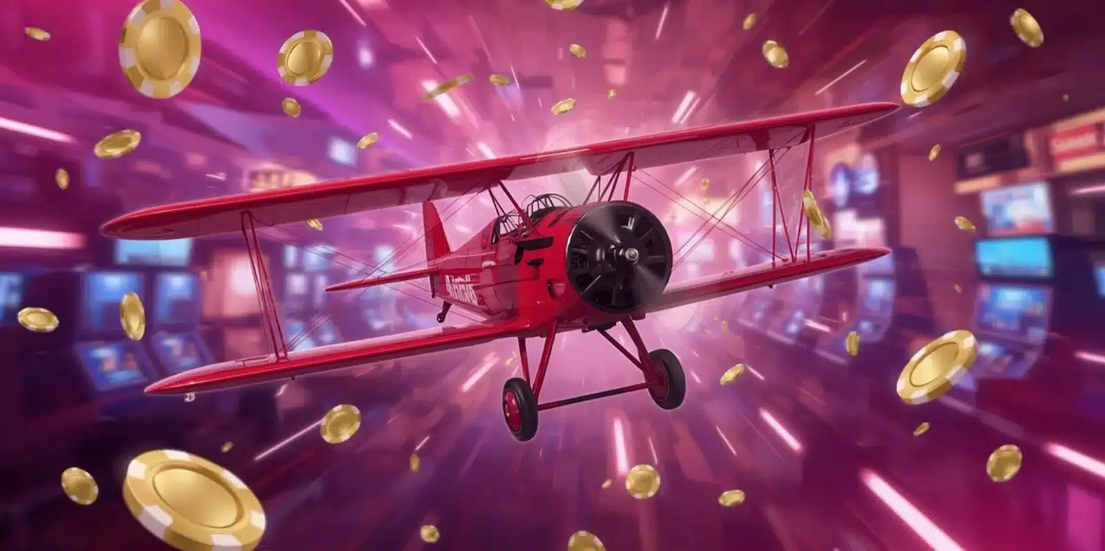 Red Aviator plane flying through digital casino background