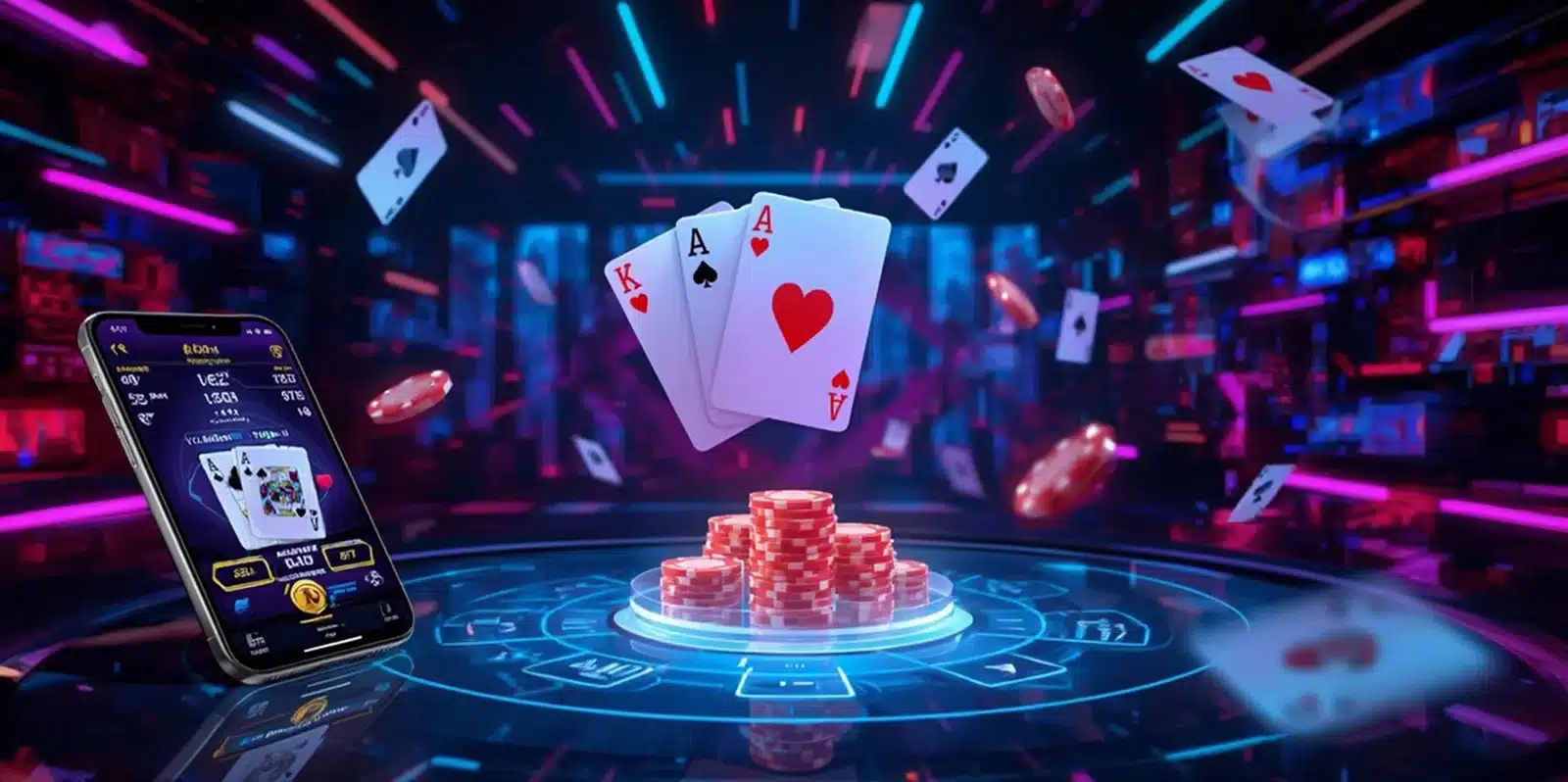 Online poker game with glowing neon lights, playing cards, and placing bet in mobile app