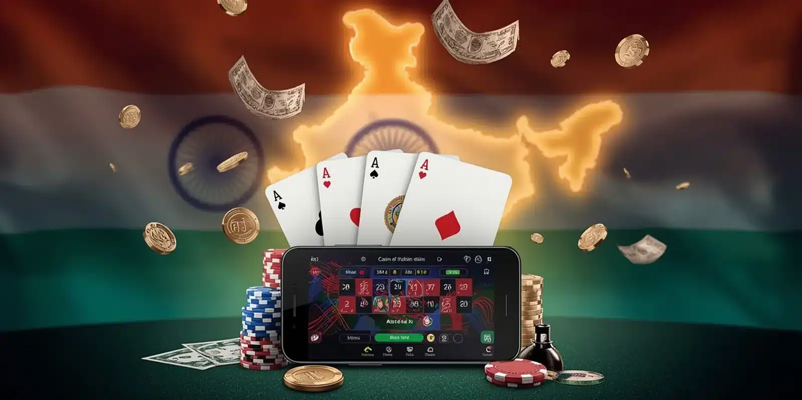 Online casino app, poker cards and chips, with Indian map background