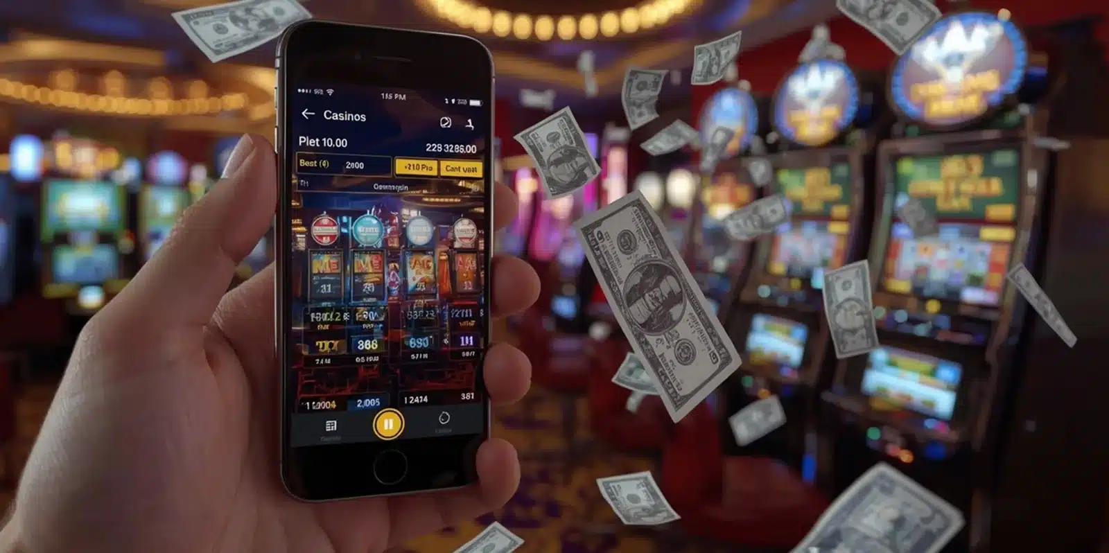 Hand holding smartphone showing online betting exchang with flying dollar bills in casino