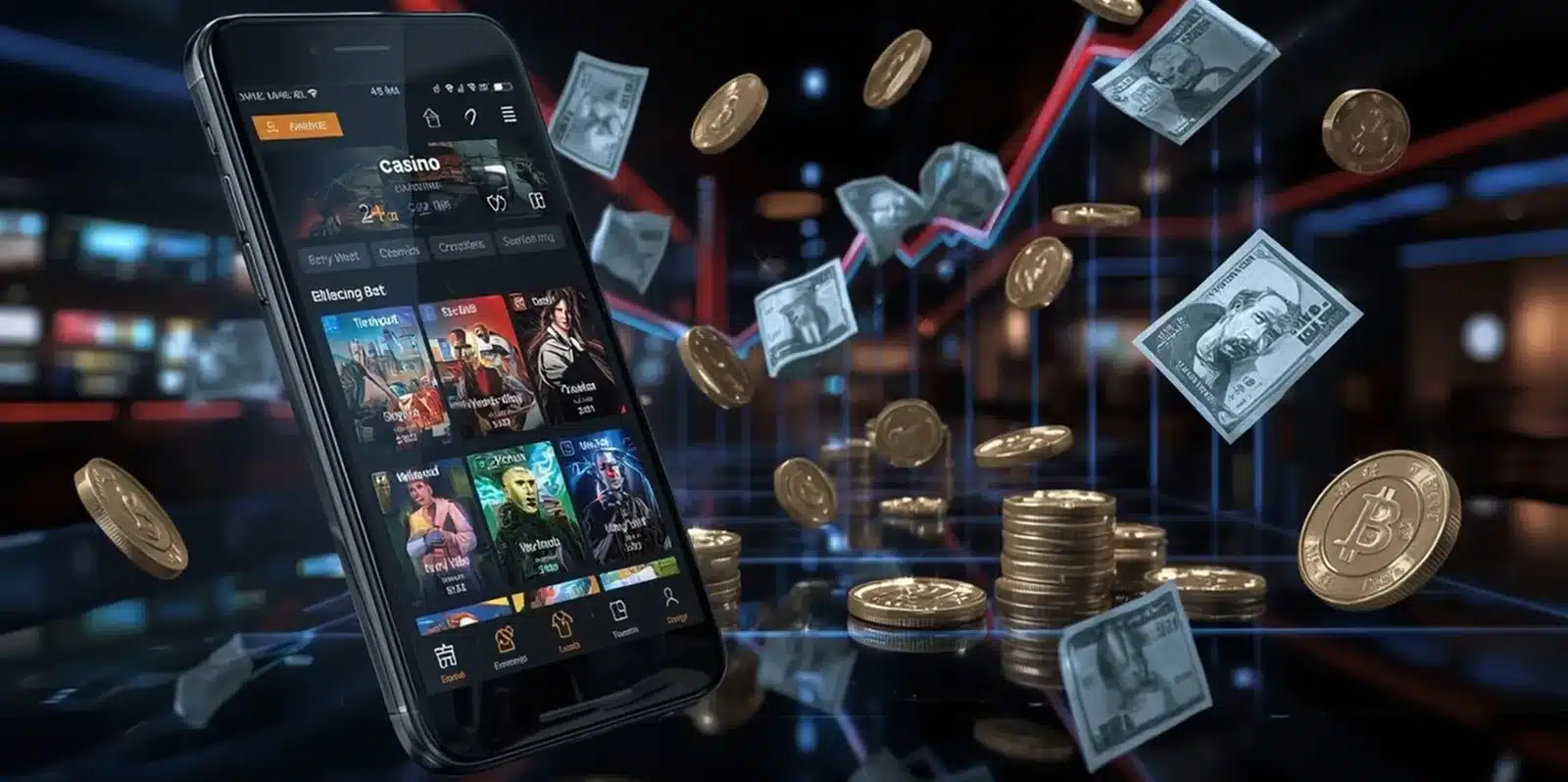 Online casino app with coins, cash notes, and trading graph in background