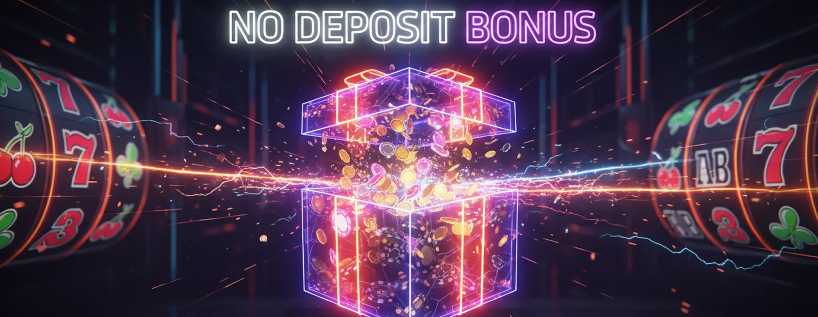 Neon glowing gift box bursting with casino coins symbolizing no deposit bonus rewards