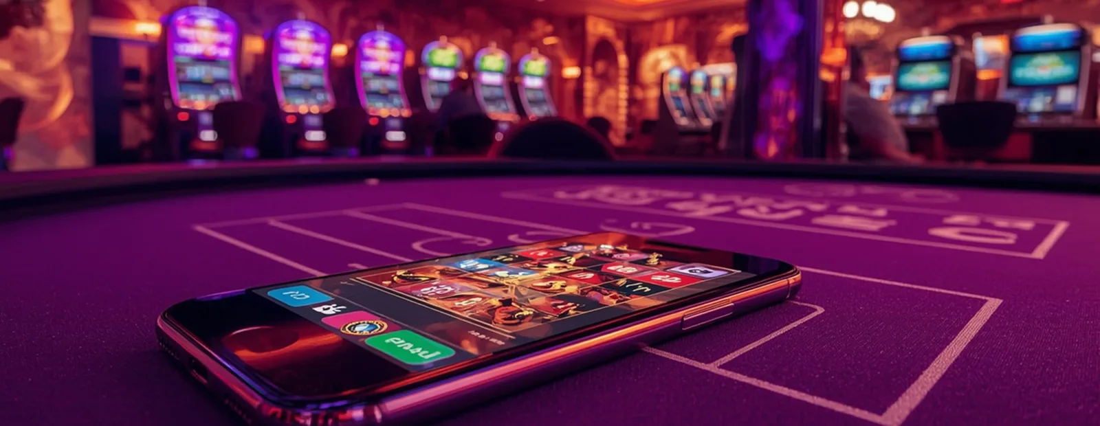 Smartphone on casino table displaying online slot game interface with neon lights