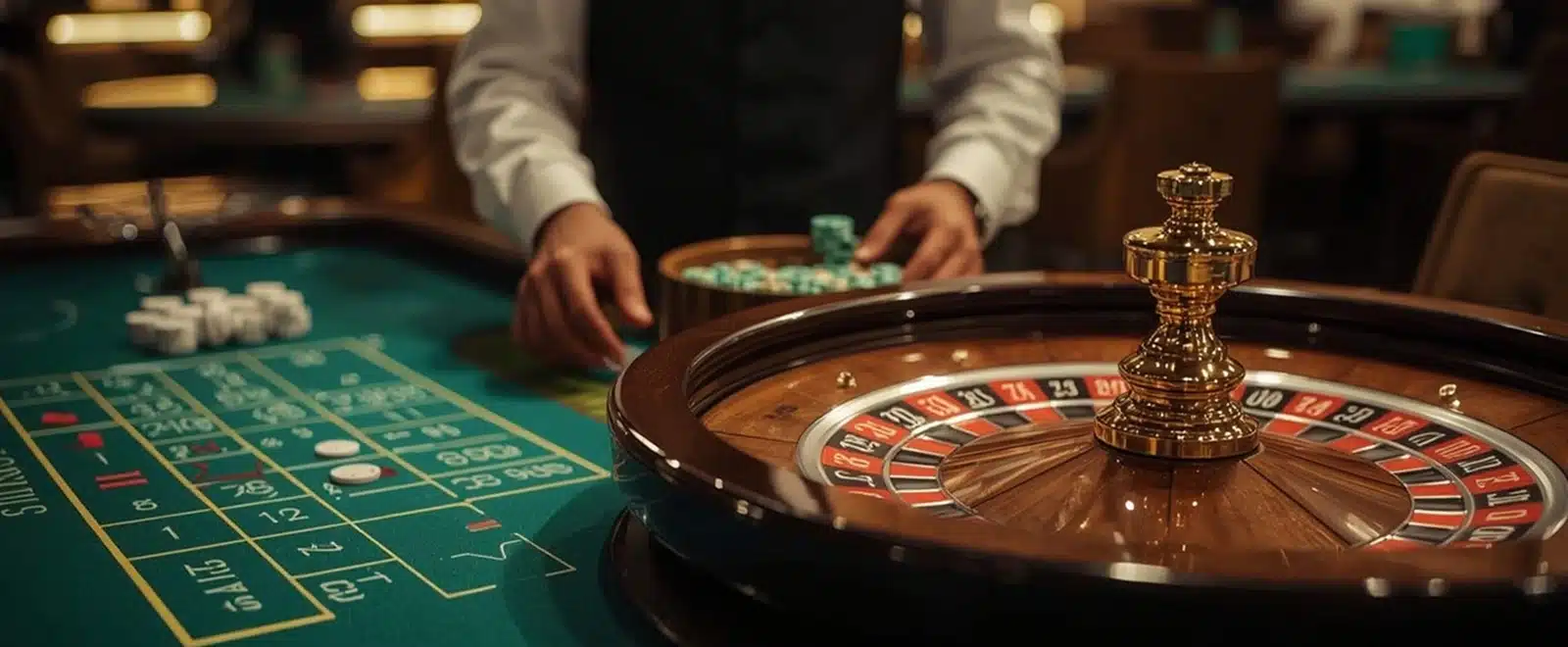 Playing Roulette Dealer managing roulette table with chips and wheel during active casino gameplay