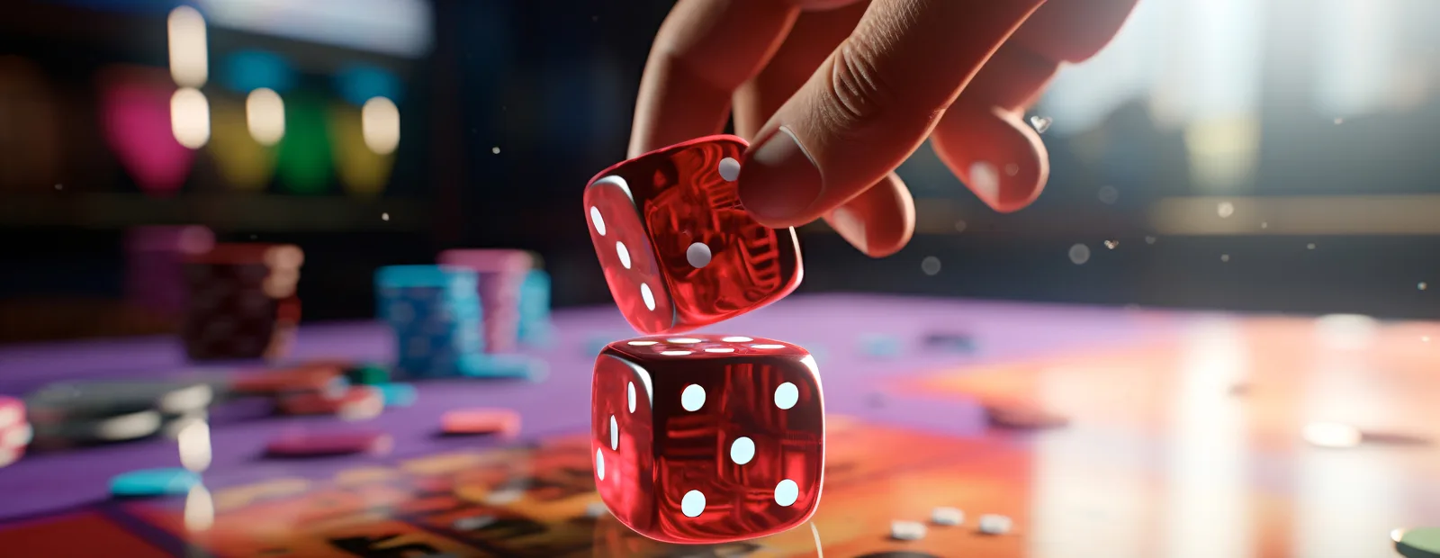 Hand rolling red dice on casino table representing trust and reliability in online gaming