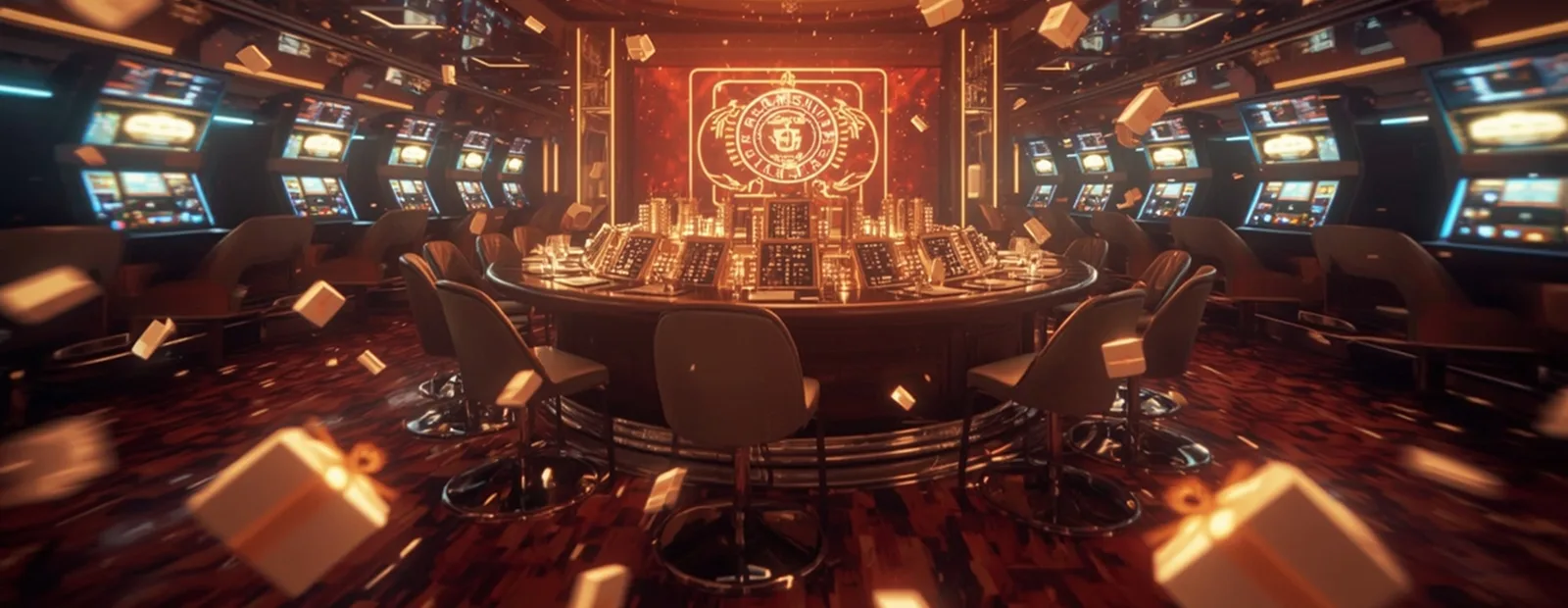 Futuristic casino interior with glowing slot machines representing modern skill-based gaming trends