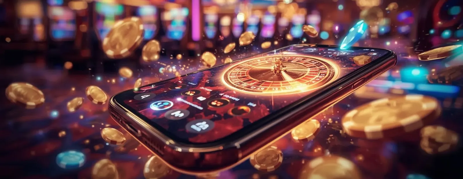 The future of online gambling Mobile phone with roulette wheel surrounded by golden coins symbolizing online gambling future