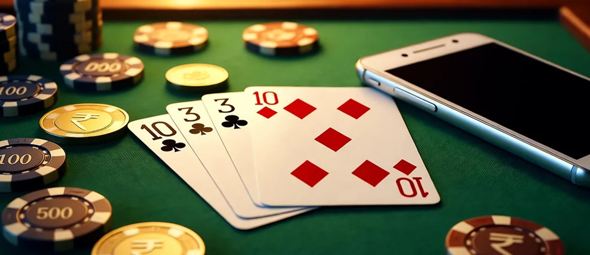 Traditional Casino Games Poker hand with cards, chips, and smartphone on green casino table