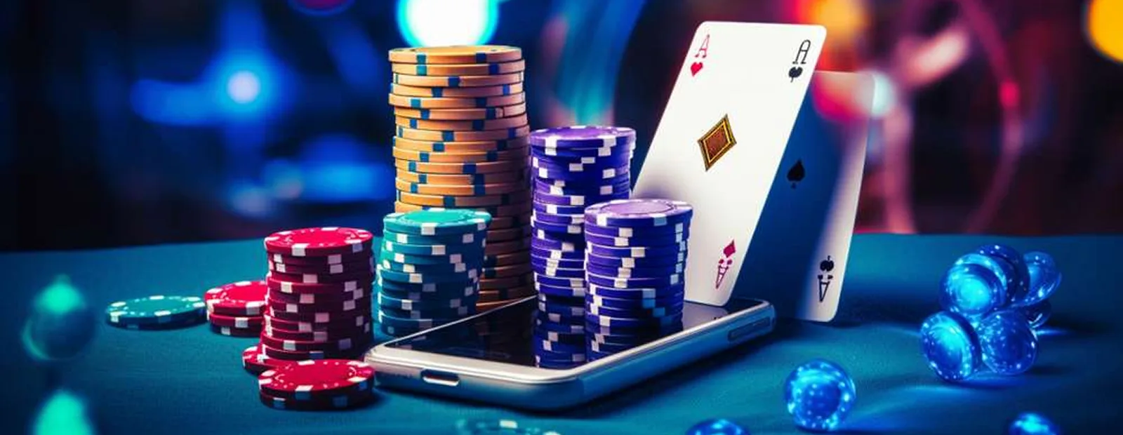 Virtual Casino Stacks of colorful casino chips and playing cards beside smartphone in digital casino