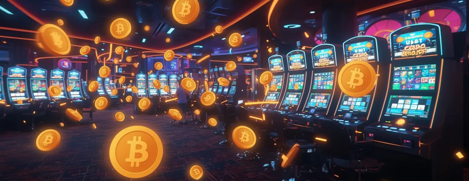Bitcoin coins floating around bright casino slot machines symbolizing crypto gambling
