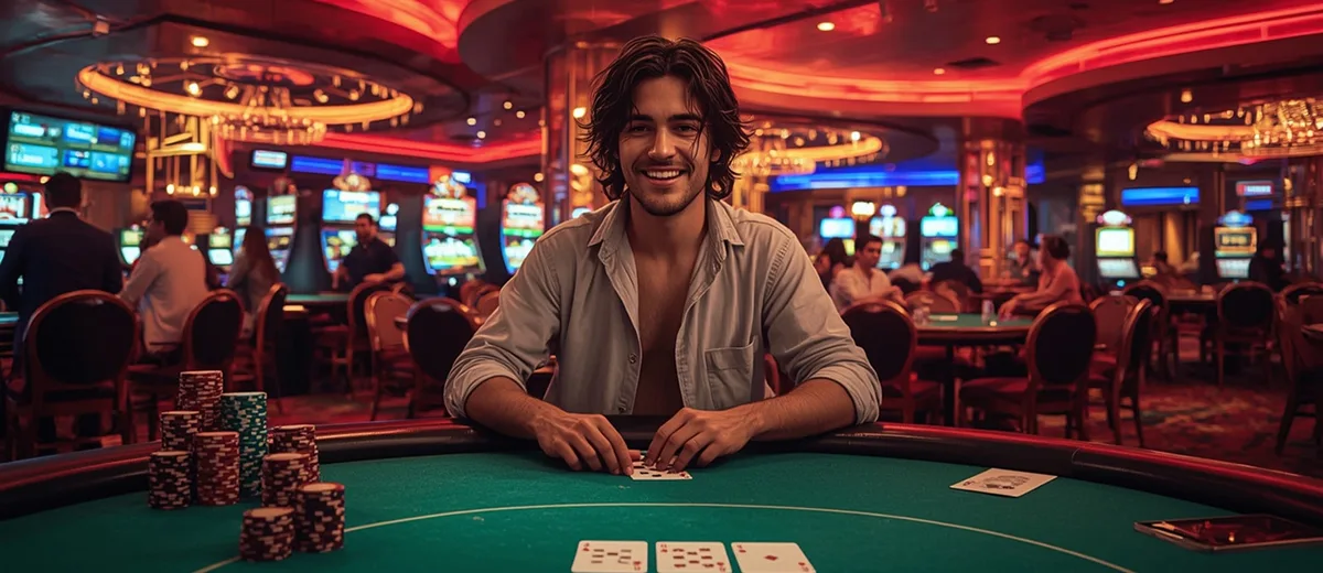 Which Game Offers Better Value for Indian Players Young man playing poker at luxurious casino table surrounded by slot machines