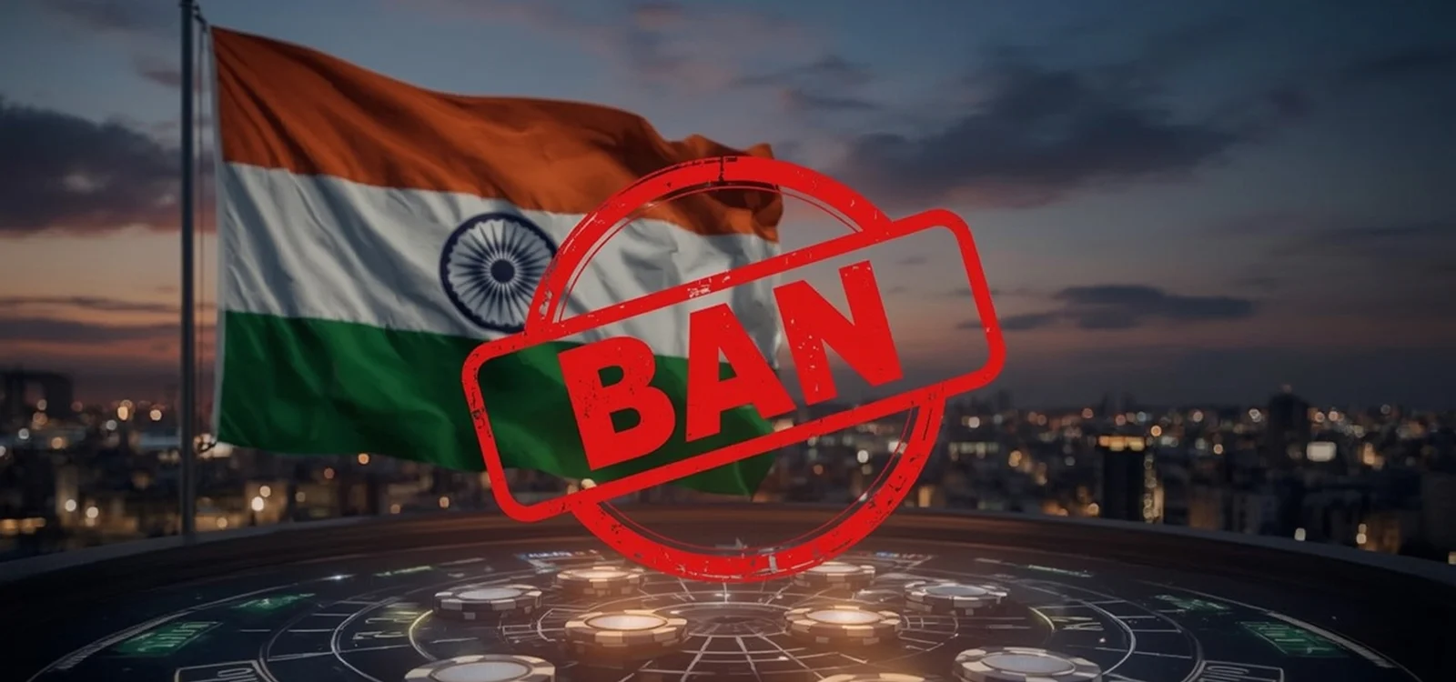 Why India Introduced the New Gaming Act in 2025 Indian flag with large red BAN stamp symbolizing government restrictions on online casino gaming